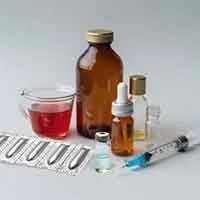 liquid medicinal products including cough syrup, a dropper bottle, eye drop bottle, sachet and stick pack, an injection bottle and syringe and other possibly perfume bottles